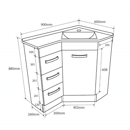 Fienza Gloss White Corner 9060 Vanity, Poly Marble Basin Top, 1 Tap Hole, Right Hand Basin ,