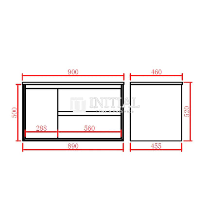 Petra 900 PVC Wall Hung Vanity, 1 Solid Door, 2 Drawers ,