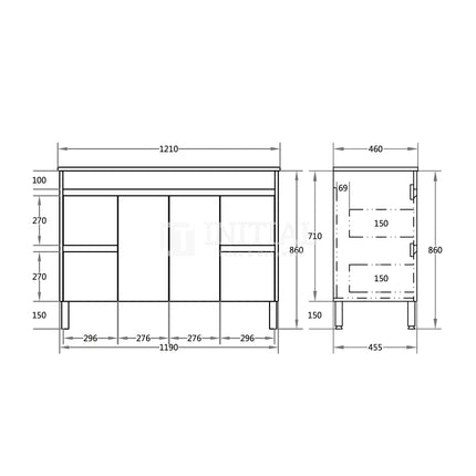 Gloss White PVC Freestanding Floor Vanity with 2 Doors and 4 Drawers Single Bowl 1190W X 850H X 455D ,