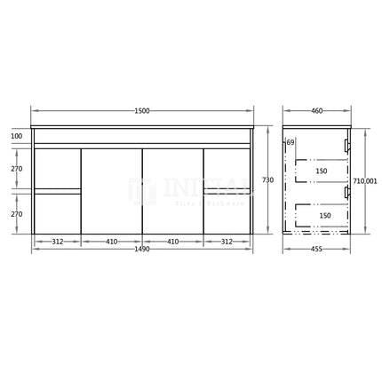 Gloss White PVC Wall Hung Vanity with 2 Doors and 4 Drawers Single Bowl 1490W X 500H X 455D ,