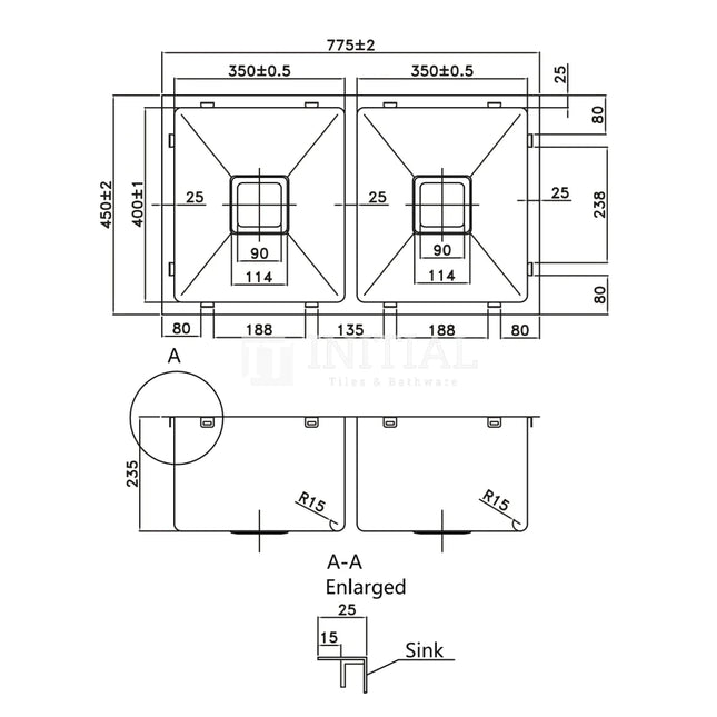 Stainless Steel Kitchen Sink, Double Bowl, Square, 750X450X235 ,