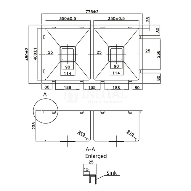 Stainless Steel Kitchen Sink, Double Bowl, Square, 775X450X235 ,