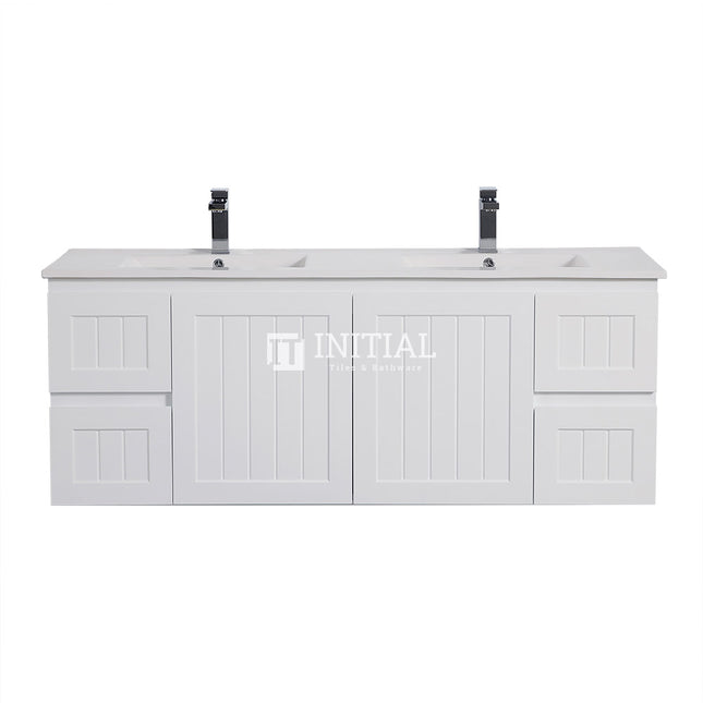 Modern Shaker Matt White Wall Hung Vanity Cabinet & Ceramic Top Double Bowl 1490W X 450H X 560D ,