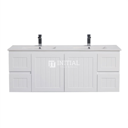 Modern Shaker Matt White Wall Hung Vanity Cabinet & Ceramic Top Double Bowl 1490W X 450H X 560D ,