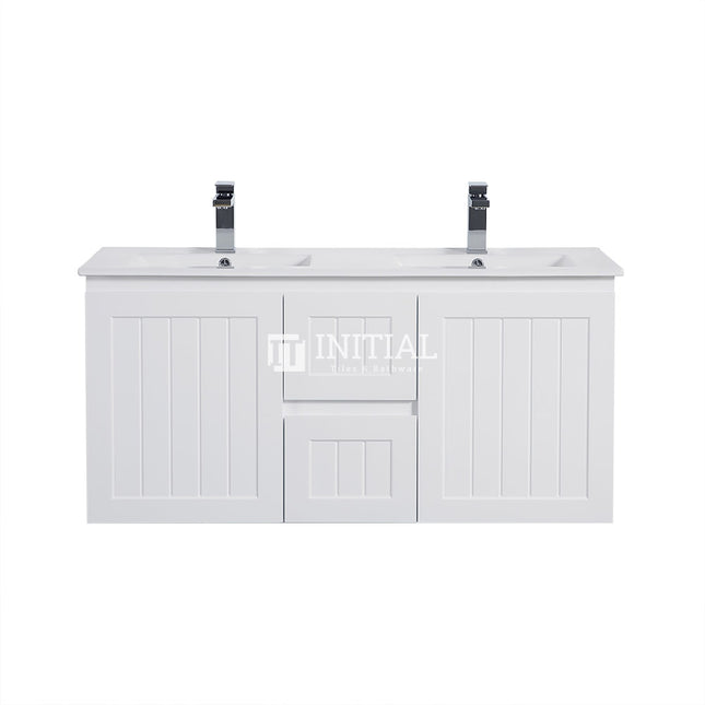 Modern Shaker Matt White Wall Hung Vanity Cabinet & Ceramic Top Double Bowl 1190W X 450H X 560D ,