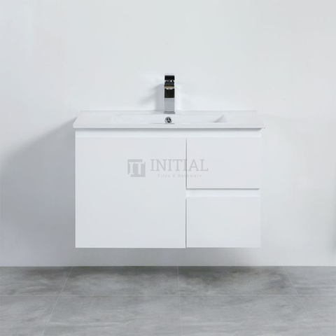 X-PVC Gloss White Standard Wall Hung Vanity with Right Drawer 740W X 550H X 460D ,