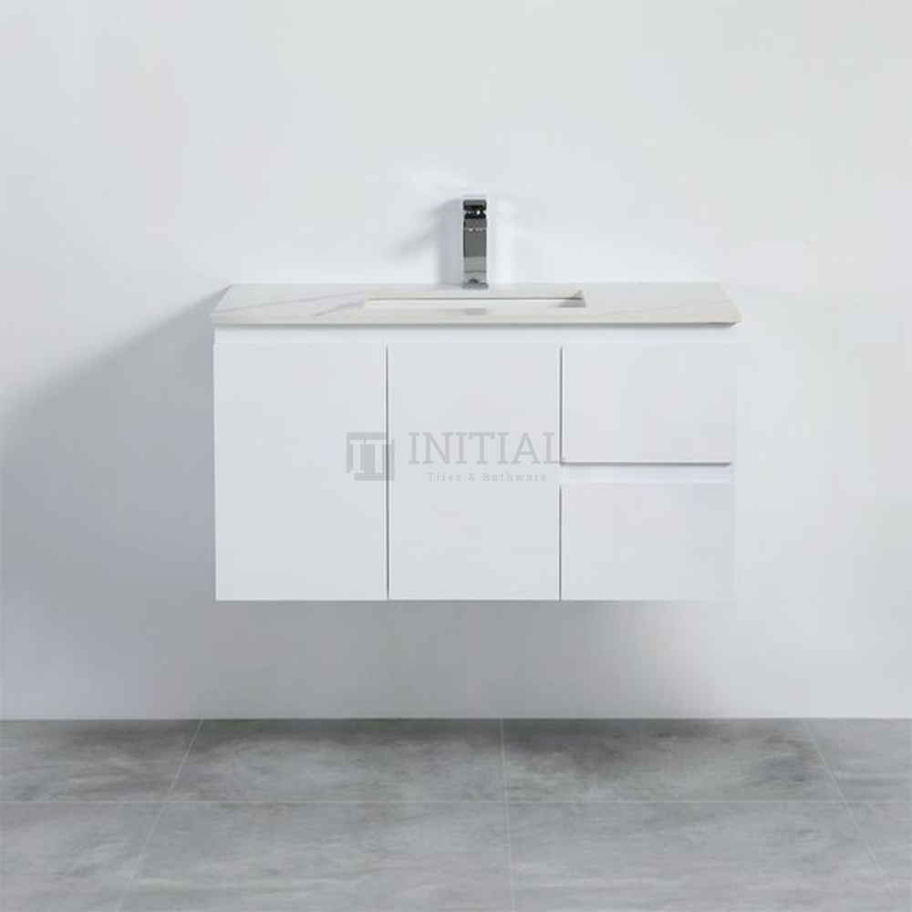 X-PVC Gloss White Standard Wall Hung Vanity with Right Drawer 890W X 550H X 460D ,