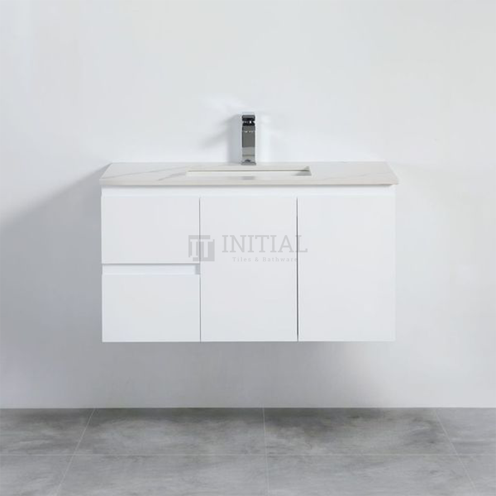 X-PVC Gloss White Standard Wall Hung Vanity With Left Drawer 890W X 550H X 460D ,