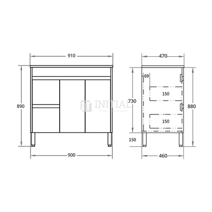 Gloss White PVC Freestanding Floor Vanity with 2 Doors and 2 Drawers Left Side 890W X 850H X 455D ,