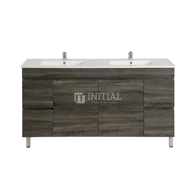 Begin Wood Grain PVC Filmed Freestanding Floor Vanity With 2 Doors and 4 Drawers Dark Grey 1490W X 830H X 450D , Cabinet Only