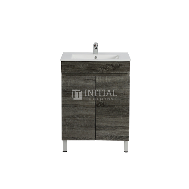 Wood Grain PVC Filmed Freestanding Floor Vanity With 2 Doors Dark Grey 590W X 830H X 455D , Cabinet Only