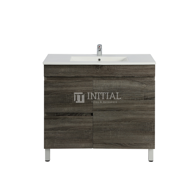 Begin Series Wood Grain PVC Filmed Freestanding Floor Vanity With 1 Door and 2 Drawers Left Side Dark Grey 740W X 830H X 450D , Cabinet Only