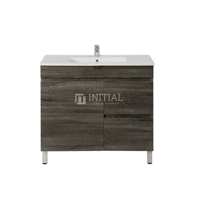 Begin Series Wood Grain PVC Filmed Freestanding Floor Vanity With 1 Door and 2 Drawers Right Side Dark Grey 740W X 830H X 450D , Cabinet Only