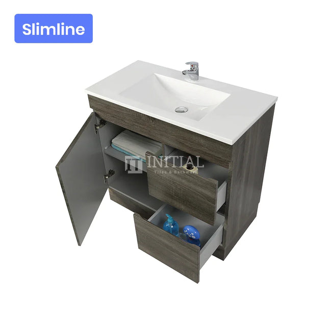 Begin Series Wood Grain PVC Filmed Slim Freestanding Floor Vanity With 1 Door and 2 Drawers Right Side Dark Grey 740W X 830H X 350D ,