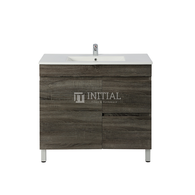 Begin Wood Grain PVC Filmed Freestanding Floor Vanity With 1 Door and 2 Drawers Right Side Dark Grey 890W X 830H X 450D , Cabinet Only