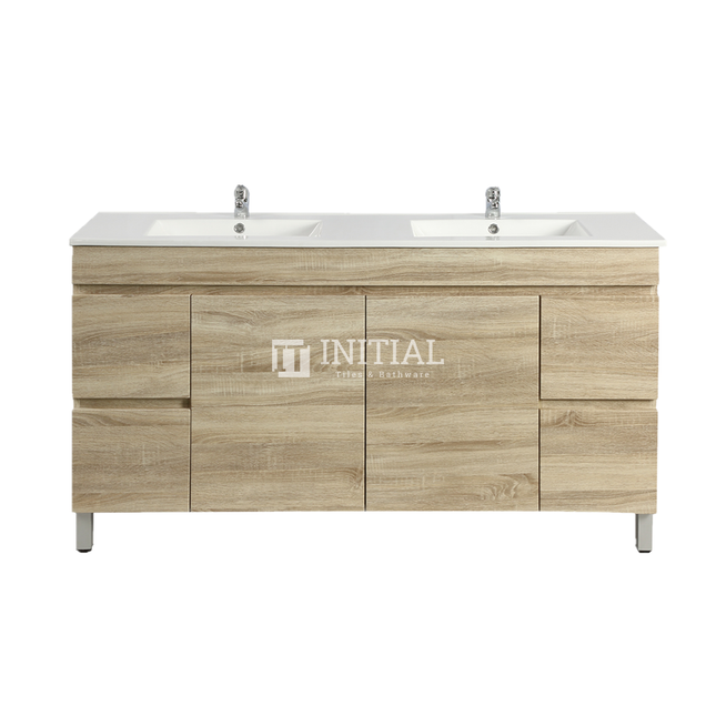 Begin Wood Grain PVC Filmed Freestanding Floor Vanity With 2 Doors and 4 Drawers White Oak 1490W X 830H X 450D , Cabinet Only