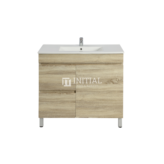 Begin Series Wood Grain PVC Filmed Freestanding Floor Vanity With 1 Door and 2 Drawers Left Side White Oak 740W X 830H X 450D , Cabinet Only