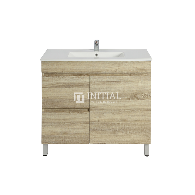 Begin Wood Grain PVC Filmed Freestanding Floor Vanity With 1 Door and 2 Drawers Left Side White Oak 890W X 830H X 450D , Cabinet Only