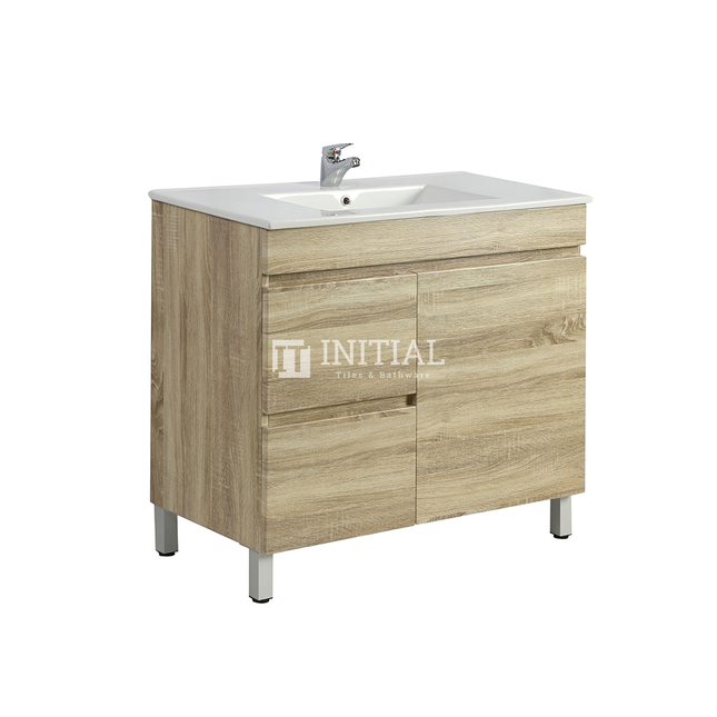 Begin Wood Grain PVC Filmed Freestanding Floor Vanity With 1 Door and 2 Drawers Left Side White Oak 890W X 830H X 450D ,