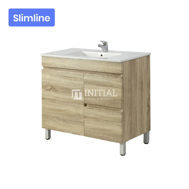 Begin Series Wood Grain PVC Filmed Slim Freestanding Floor Vanity With 1 Door and 2 Drawers Right Side White Oak 740W X 830H X 350D ,