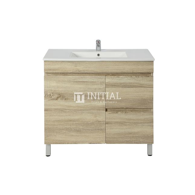 Begin Wood Grain PVC Filmed Freestanding Floor Vanity With 1 Door and 2 Drawers Right Side White Oak 890W X 830H X 450D , Cabinet Only