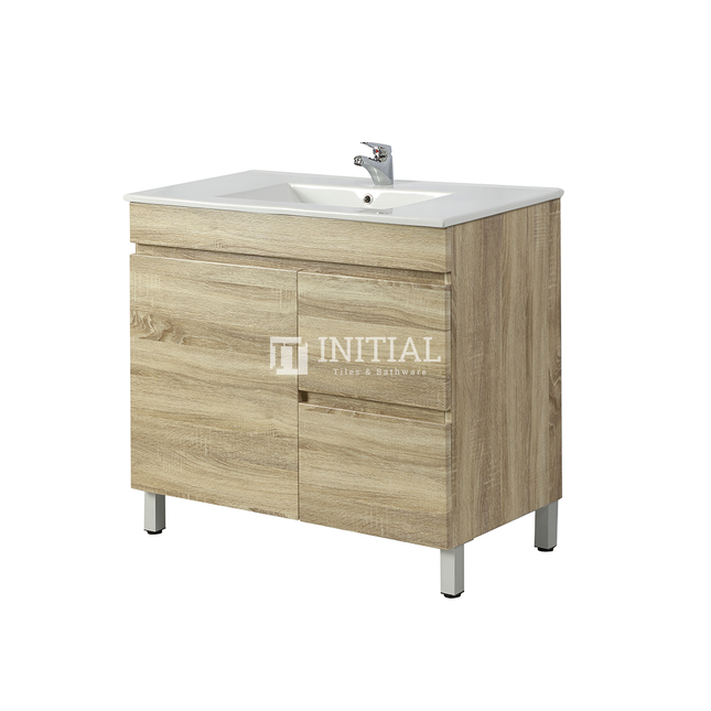 Begin Wood Grain PVC Filmed Freestanding Floor Vanity With 1 Door and 2 Drawers Right Side White Oak 890W X 830H X 450D ,