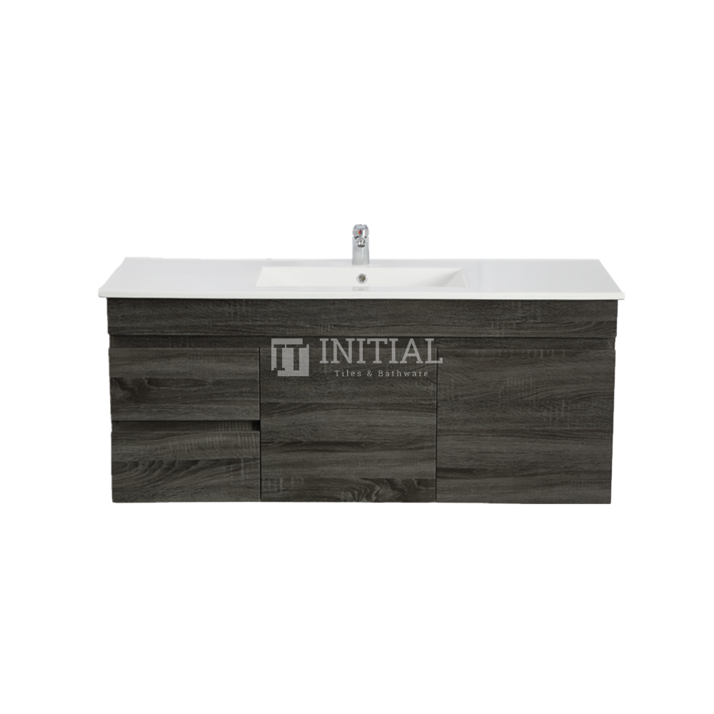 Begin Wood Grain PVC Filmed Wall Hung Vanity With 2 Doors and 2 Drawers Left Side Dark Grey 1190W X 500H X 450D , Cabinet Only