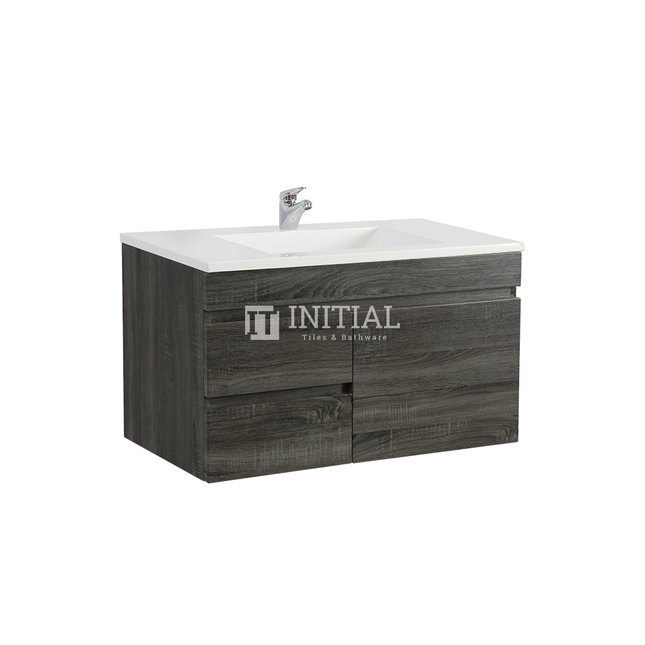 Begin Wood Grain PVC Filmed Wall Hung Vanity Left Side Dark Grey 740W X 500H X 450D ,