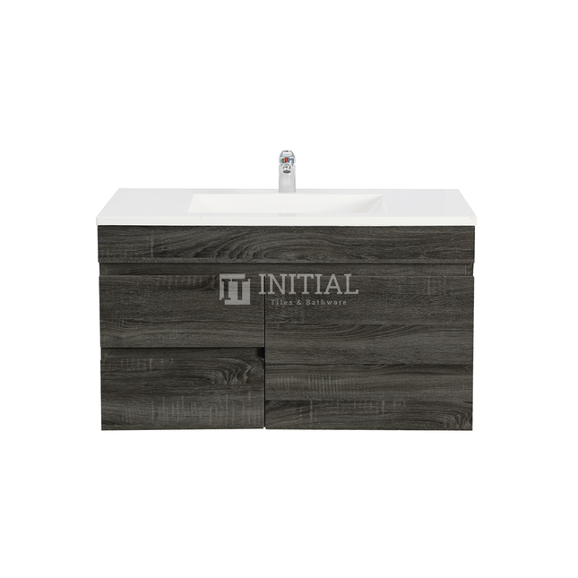 Begin Wood Grain PVC Filmed Wall Hung Vanity With 1 Door and 2 Drawers Left Side Dark Grey 890W X 500H X 450D ,