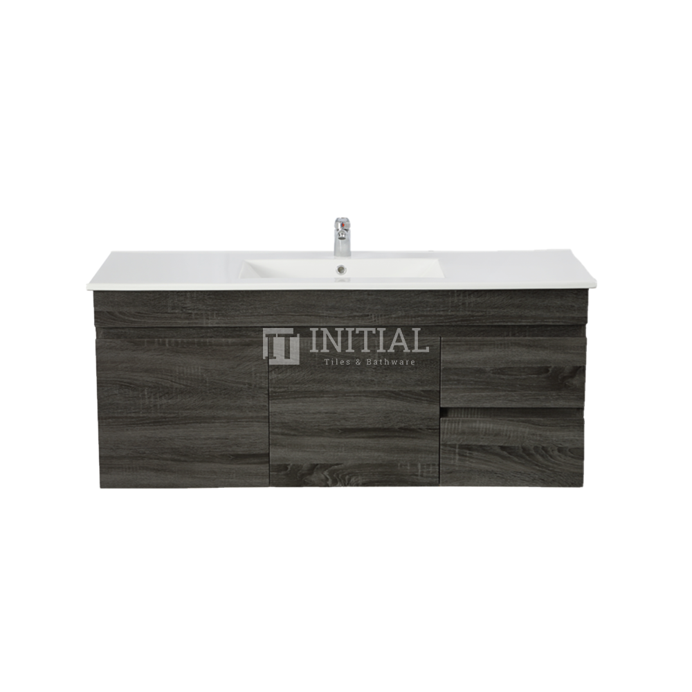 Begin Wood Grain PVC Filmed Wall Hung Vanity With 2 Doors and 2 Drawers Right Side Dark Grey 1190W X 500H X 450D , Cabinet Only