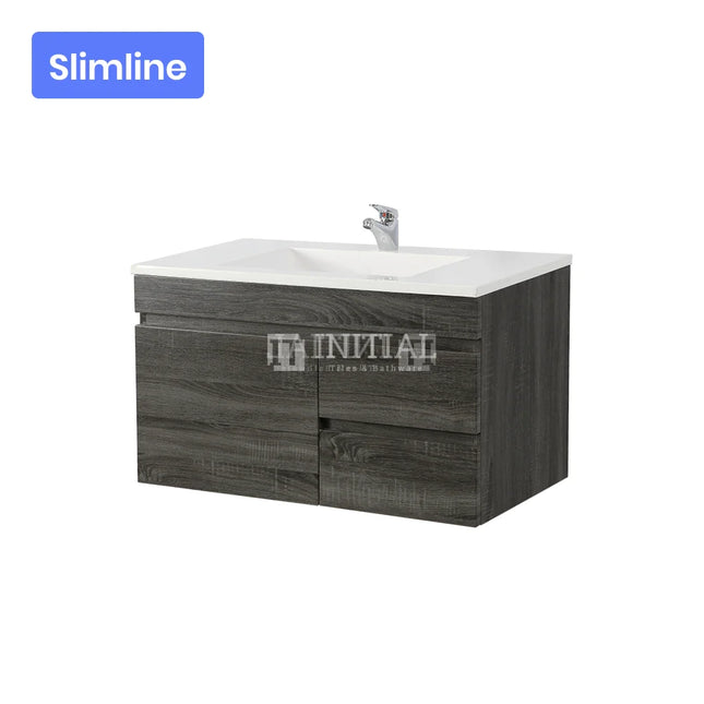 Begin Wood Grain PVC Filmed Slim Wall Hung Vanity Right Side Dark Grey 740W X 500H X 350D ,