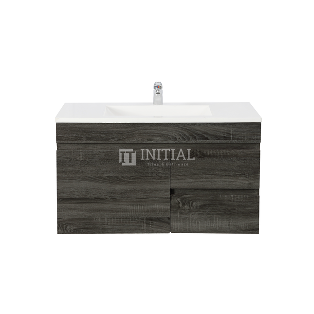 Begin Wood Grain PVC Filmed Wall Hung Vanity With 1 Door and 2 Drawers Right Side Dark Grey 890W X 500H X 450D ,