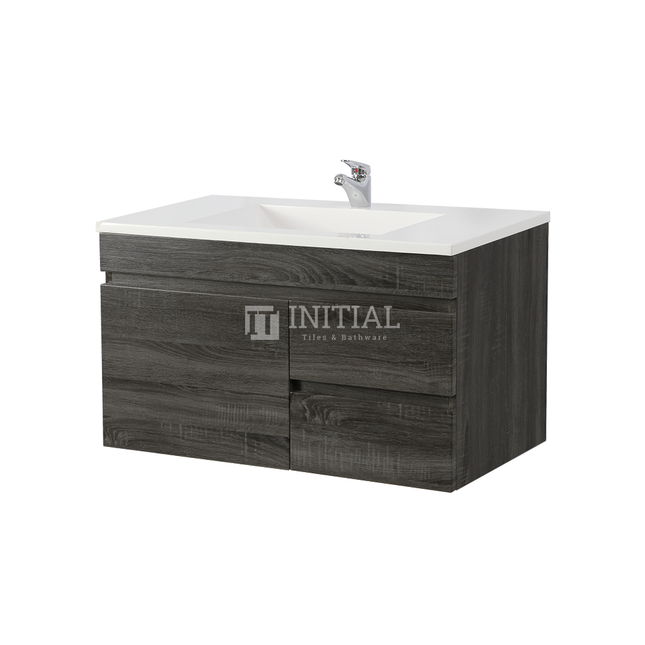 Begin Wood Grain PVC Filmed Wall Hung Vanity With 1 Door and 2 Drawers Right Side Dark Grey 890W X 500H X 450D ,