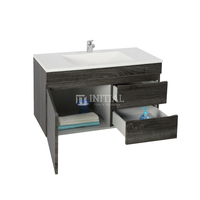 Begin Wood Grain PVC Filmed Wall Hung Vanity With 1 Door and 2 Drawers Right Side Dark Grey 890W X 500H X 450D ,