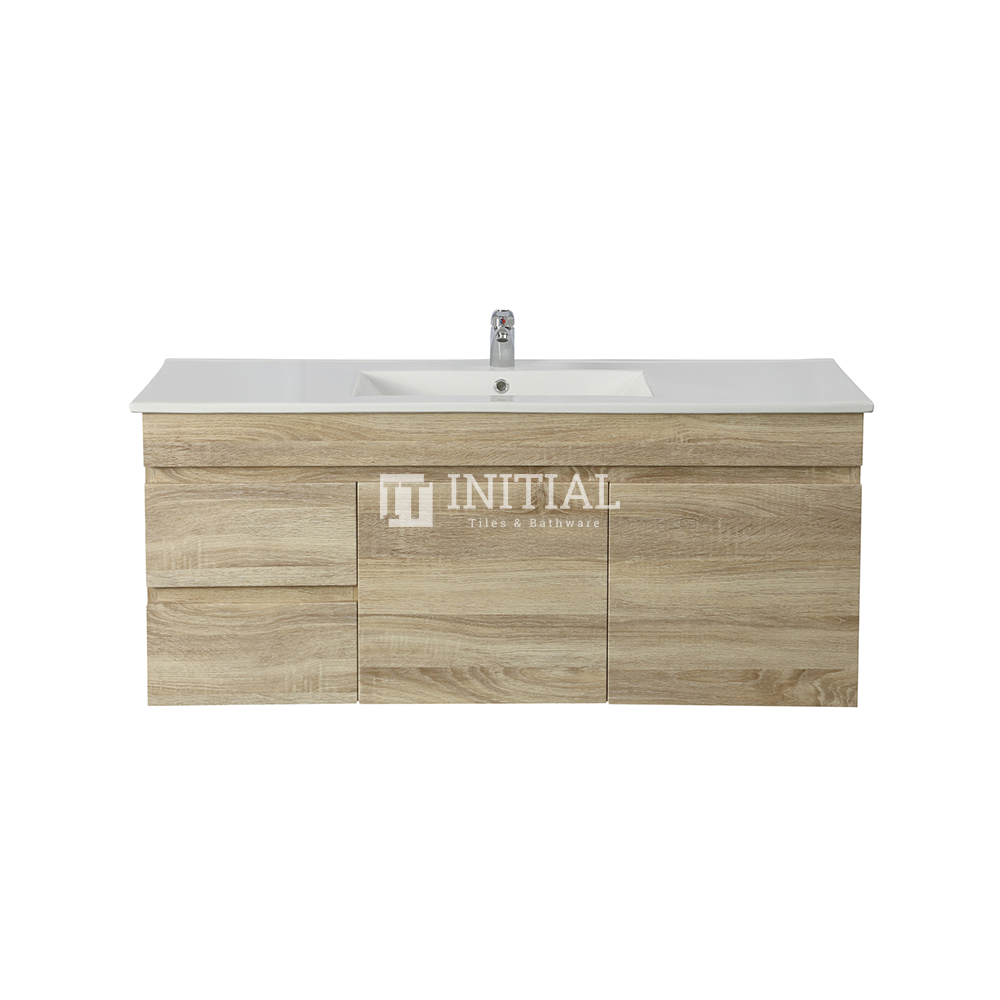 Begin Wood Grain PVC Filmed Wall Hung Vanity With 2 Doors and 2 Drawers Left Side White Oak 1190W X 500H X 450D , Cabinet Only