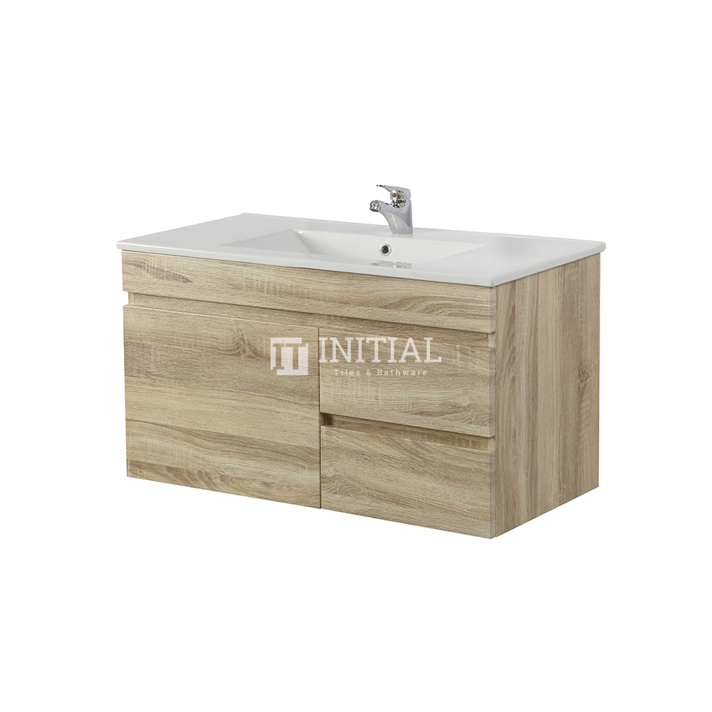 Begin Wood Grain PVC Filmed Wall Hung Vanity With 1 Door and 2 Drawers Right Side White Oak 890W X 500H X 450D ,