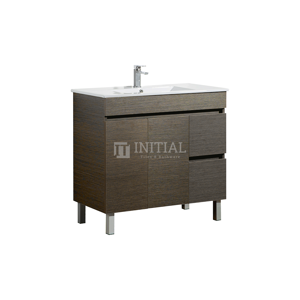 Essence Wood Grain Freestanding Vanity with 2 Doors and 2 Drawers Right Side Dark Brown 890W X 860H X 455D ,