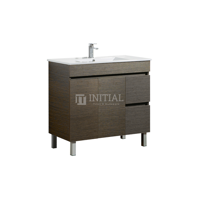 Essence Wood Grain Freestanding Vanity with 2 Doors and 2 Drawers Right Side Dark Brown 890W X 860H X 455D ,