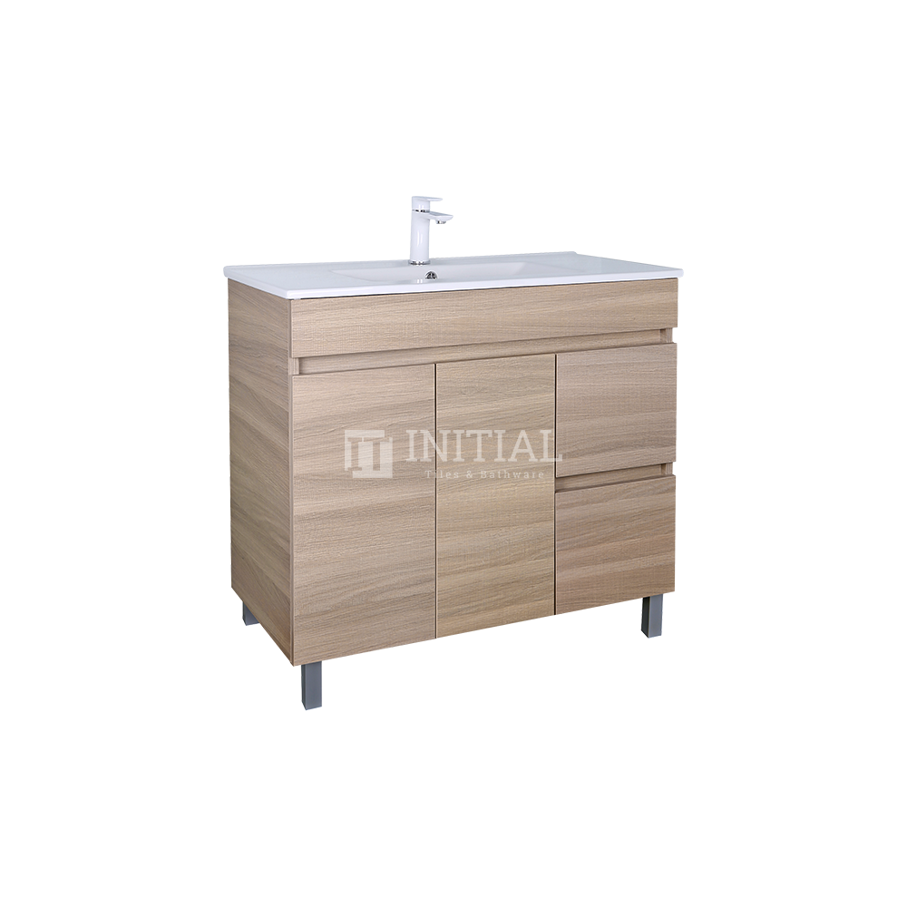 Essence Wood Grain Freestanding Vanity with 2 Doors and 2 Drawers Right Side Oak 890W X 860H X 455D ,