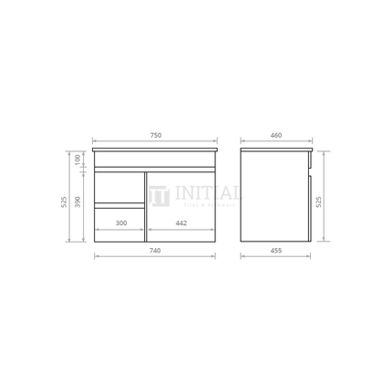 Essence Series Wood Grain Wall Hung Vanity Left Side Dark Brown 740W X 525H X 455D ,