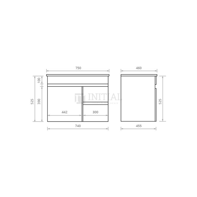 Essence Series Wood Grain Wall Hung Vanity Right Side Dark Brown 740W X 525H X 455D ,