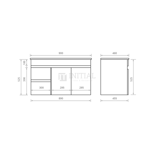 Essence Series Wood Grain Wall Hung Vanity with 2 Doors and 2 Drawers Left Side Dark Brown 890W X 525H X 455D ,