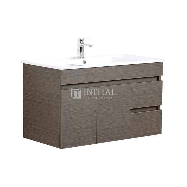 Essence Wood Grain Wall Hung Vanity with 2 Doors and 2 Drawers Right Side Dark Brown 890W X 525H X 455D ,