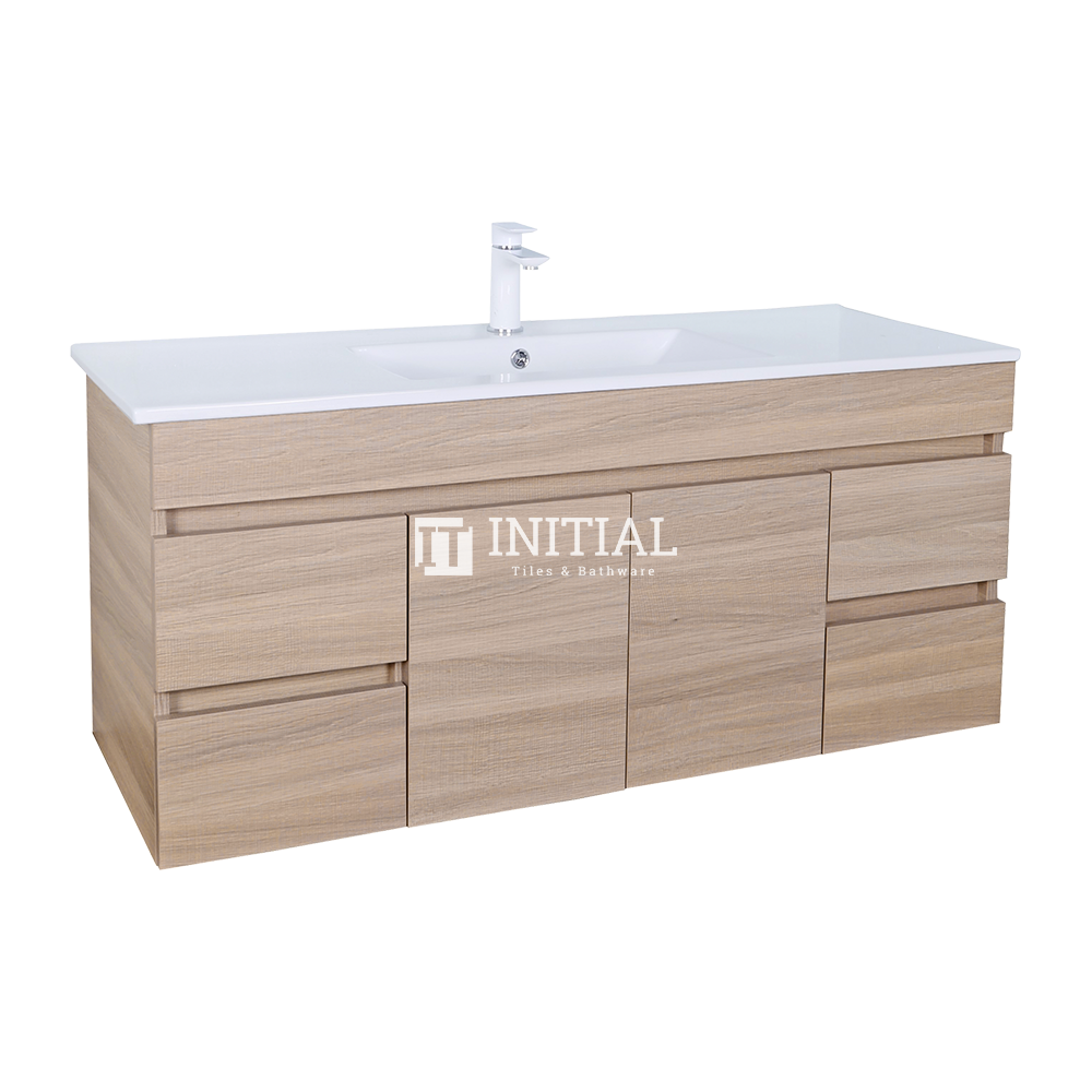Essence Wood Grain Wall Hung Vanity with 2 Doors and 4 Drawers Single Bowl Oak 1490W X 525H X 455D ,