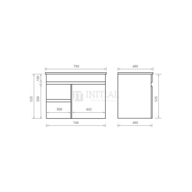 Essence Series Wood Grain Wall Hung Vanity Left Side Oak 740W X 525H X 455D ,