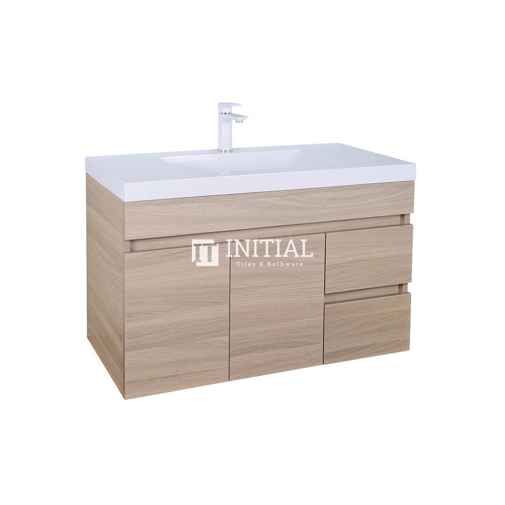 Essence Series Wood Grain Wall Hung Vanity with 2 Doors and 2 Drawers Right Side Oak 890W X 525H X 455D ,