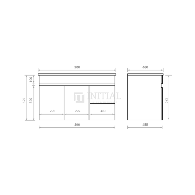 Essence Series Wood Grain Wall Hung Vanity with 2 Doors and 2 Drawers Right Side Oak 890W X 525H X 455D ,