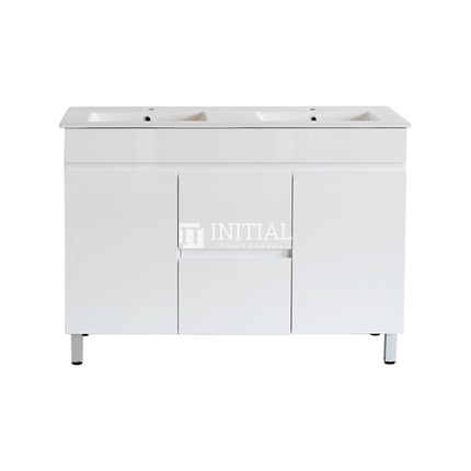 Gloss White PVC Freestanding Floor Vanity with 2 Doors and 2 Drawers Double Bowls 1190W X 850H X 455D , Cabinet Only