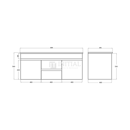 Gloss White PVC Wall Hung Vanity with 2 Doors and 4 Drawers Single Bowl 1190W X 500H X 455D ,