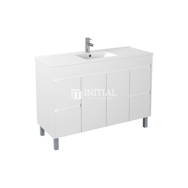 Gloss White PVC Freestanding Floor Vanity with 2 Doors and 4 Drawers Single Bowl 1190W X 850H X 455D , Cabinet Only